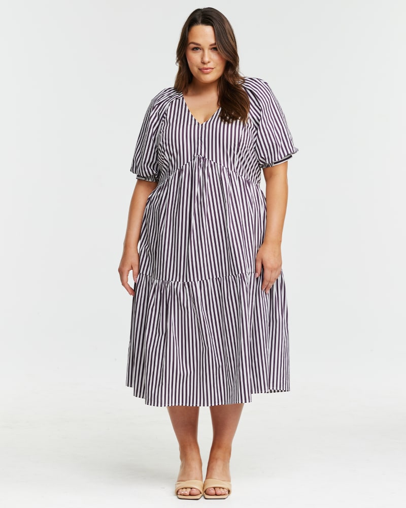 Front of a model wearing a size 18W Dominica Striped Dress in Plum/Milk by Estelle. | dia_product_style_image_id:344456
